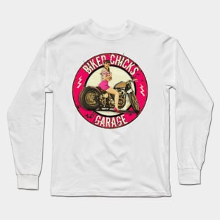 Biker Chicks Garage - Sexy Woman on Motorcycle Long Sleeve T-Shirt